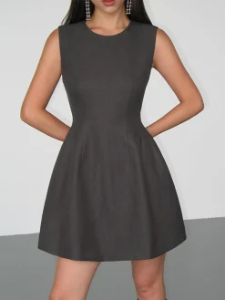 Hot Solid Crew Neck Sleeveless Mini Dress Casual Dresses|Work Dresses