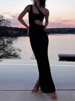Solid Cutout Cami Long Dress Black Dresses|Casual Dresses