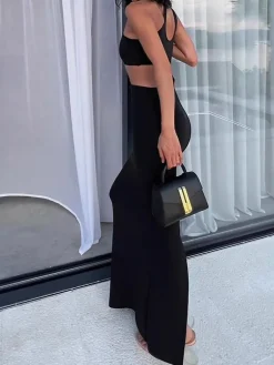 Solid Cutout Cami Long Dress Black Dresses|Casual Dresses