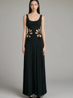 Discount Solid Cutout Sleeveless Dress Black Dresses|Casual Dresses