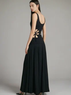Discount Solid Cutout Sleeveless Dress Black Dresses|Casual Dresses