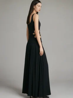 Discount Solid Cutout Sleeveless Dress Black Dresses|Casual Dresses
