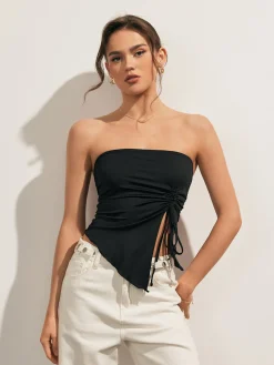 Sale Solid Drawstring Backless Knotted Tube Top Tank Tops & Camis|Tops