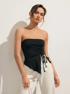 Sale Solid Drawstring Backless Knotted Tube Top Tank Tops & Camis|Tops