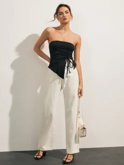 Sale Solid Drawstring Backless Knotted Tube Top Tank Tops & Camis|Tops