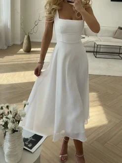 Outlet Solid Elegant Cami Long Dress White Dresses|Black Dresses