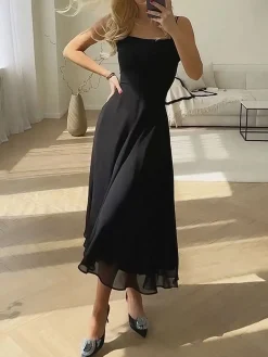 Outlet Solid Elegant Cami Long Dress White Dresses|Black Dresses