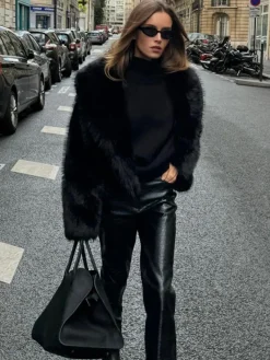 Clearance Solid Faux Fur Collar Jacket Outerwear|Jackets