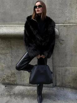 Clearance Solid Faux Fur Collar Jacket Outerwear|Jackets
