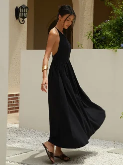 Online Solid Halter Long Dress Black Dresses|Cocktail & Party Dresses