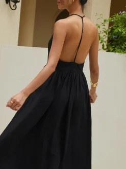 Online Solid Halter Long Dress Black Dresses|Cocktail & Party Dresses