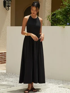Online Solid Halter Long Dress Black Dresses|Cocktail & Party Dresses