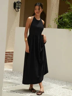 Online Solid Halter Long Dress Black Dresses|Cocktail & Party Dresses