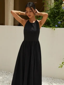Online Solid Halter Long Dress Black Dresses|Cocktail & Party Dresses
