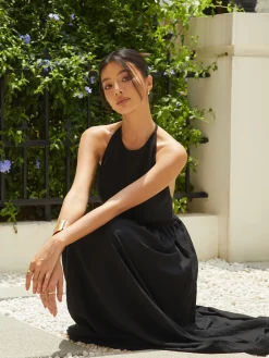Online Solid Halter Long Dress Black Dresses|Cocktail & Party Dresses