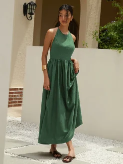 Online Solid Halter Long Dress Black Dresses|Cocktail & Party Dresses