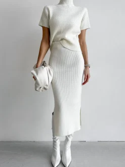 New Solid High Neck Split Ribbed Knit Two Pieces Skirt Set Sweater Tops|Skirts