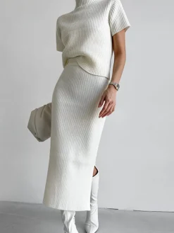 New Solid High Neck Split Ribbed Knit Two Pieces Skirt Set Sweater Tops|Skirts
