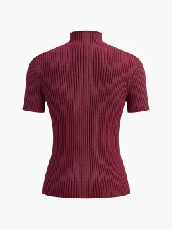 New Solid High Neck Split Ribbed Knit Two Pieces Skirt Set Sweater Tops|Skirts