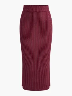 New Solid High Neck Split Ribbed Knit Two Pieces Skirt Set Sweater Tops|Skirts