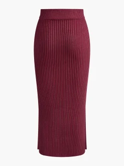 New Solid High Neck Split Ribbed Knit Two Pieces Skirt Set Sweater Tops|Skirts