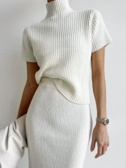 New Solid High Neck Split Ribbed Knit Two Pieces Skirt Set Sweater Tops|Skirts