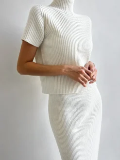New Solid High Neck Split Ribbed Knit Two Pieces Skirt Set Sweater Tops|Skirts