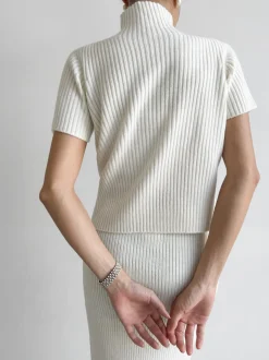 New Solid High Neck Split Ribbed Knit Two Pieces Skirt Set Sweater Tops|Skirts