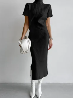 New Solid High Neck Split Ribbed Knit Two Pieces Skirt Set Sweater Tops|Skirts