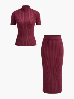 New Solid High Neck Split Ribbed Knit Two Pieces Skirt Set Sweater Tops|Skirts