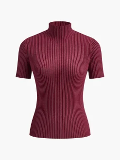 New Solid High Neck Split Ribbed Knit Two Pieces Skirt Set Sweater Tops|Skirts