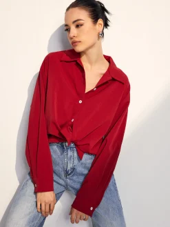 Hot Solid Lapel Button Draped Shirt Blouses & Shirts|Tops