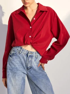 Hot Solid Lapel Button Draped Shirt Blouses & Shirts|Tops
