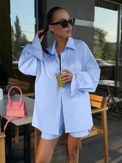 Sale Solid Lapel Pocket Loose Shorts Set Shorts Sets|Shorts