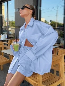 Sale Solid Lapel Pocket Loose Shorts Set Shorts Sets|Shorts