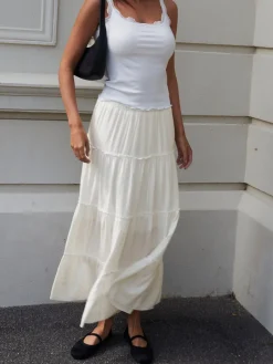 Hot Solid Layered Long Skirt Skirts|Bottoms