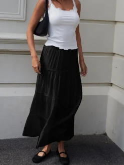 Hot Solid Layered Long Skirt Skirts|Bottoms