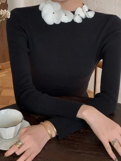 Solid Long Sleeve Floral Knit Top Sweater Tops|Sweaters & Cardigans