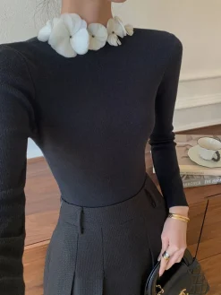 Solid Long Sleeve Floral Knit Top Sweater Tops|Sweaters & Cardigans