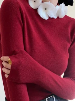 Discount Solid Long Sleeve Floral Knit Top Sweater Tops|Sweaters & Cardigans