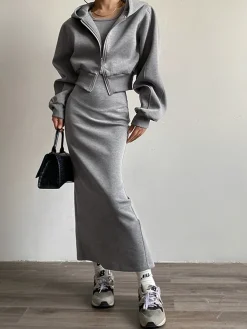 Best Solid Long Sleeve Zip Crop Hoodie Long Sleeve Sets|Outerwear