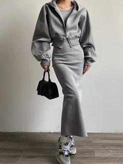 Best Solid Long Sleeve Zip Crop Hoodie Long Sleeve Sets|Outerwear