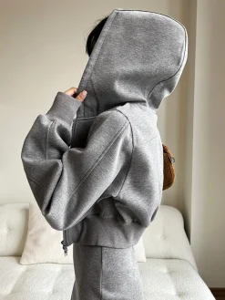 Best Solid Long Sleeve Zip Crop Hoodie Long Sleeve Sets|Outerwear