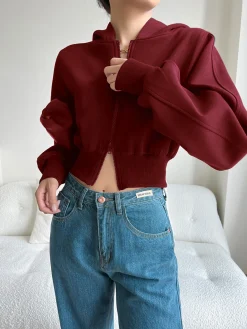 Best Solid Long Sleeve Zip Crop Hoodie Long Sleeve Sets|Outerwear