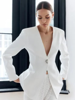 New Solid Metal Button V-Neck Blazer Outerwear|Blazers