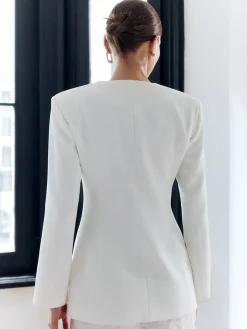 New Solid Metal Button V-Neck Blazer Outerwear|Blazers