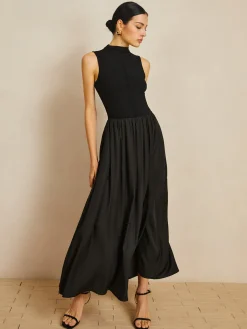 Solid Mock Neck Sleeveless Long Dress Black Dresses|Casual Dresses