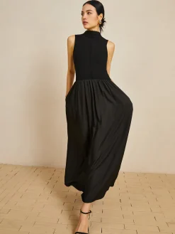 Solid Mock Neck Sleeveless Long Dress Black Dresses|Casual Dresses