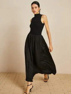 Solid Mock Neck Sleeveless Long Dress Black Dresses|Casual Dresses