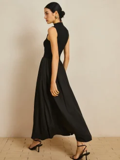 Solid Mock Neck Sleeveless Long Dress Black Dresses|Casual Dresses